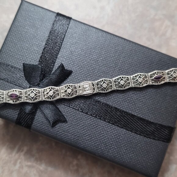 Art Deco Diamond Amethyst Filigree Antique Bracelet 10k White Gold Price is Firm - Picture 2 of 16
